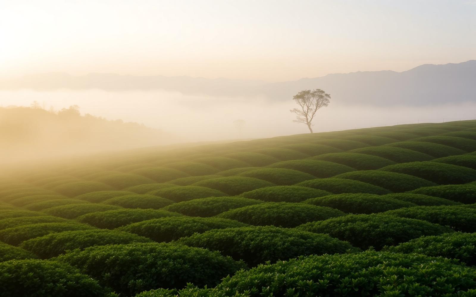 Misty Japanese tea plantation at sunrise
